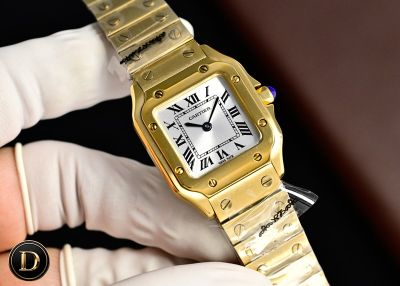 TW Factory Cartier Santos 27*34.4mm 316L Steel Quartz Movement White Face Yellow Gold Band Lady Watch